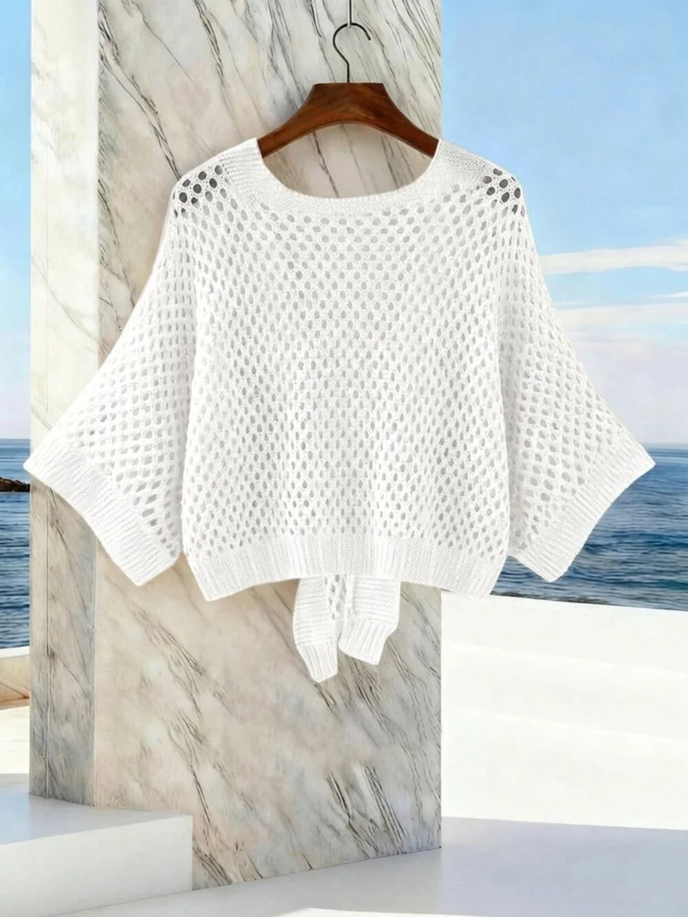 White Casual Women's Hollow V-Neck Tie Front Loose Versatile Sexy Cardigan